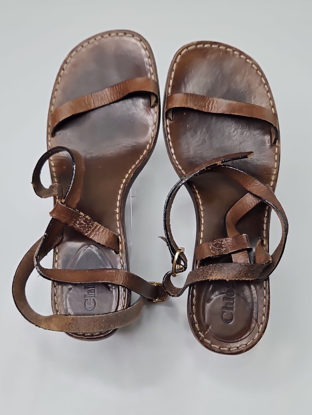 Chloe Brown Leather Strappy Gold Block  Sandals Size 39.5